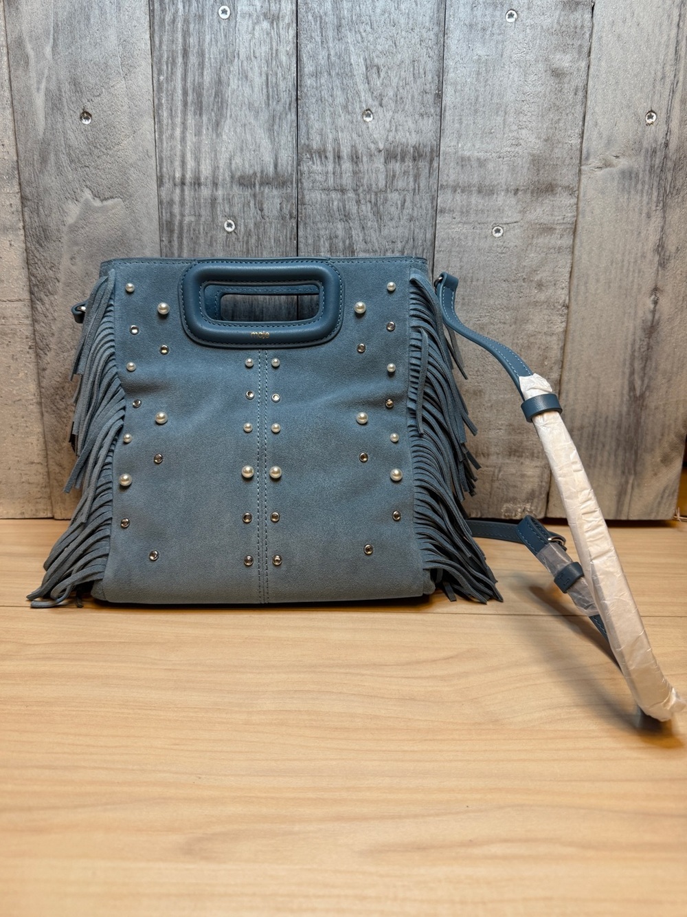 MAJE NWT BLUE SUEDE EMBELLISHED FRINGE BAG - Picture 9 of 14